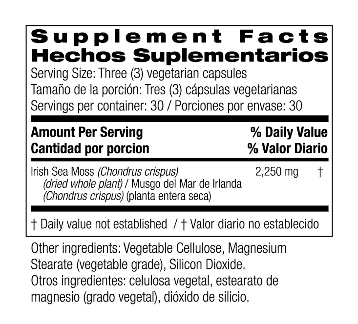 A label for a supplement that contains Irish Sea Moss suplementarios.