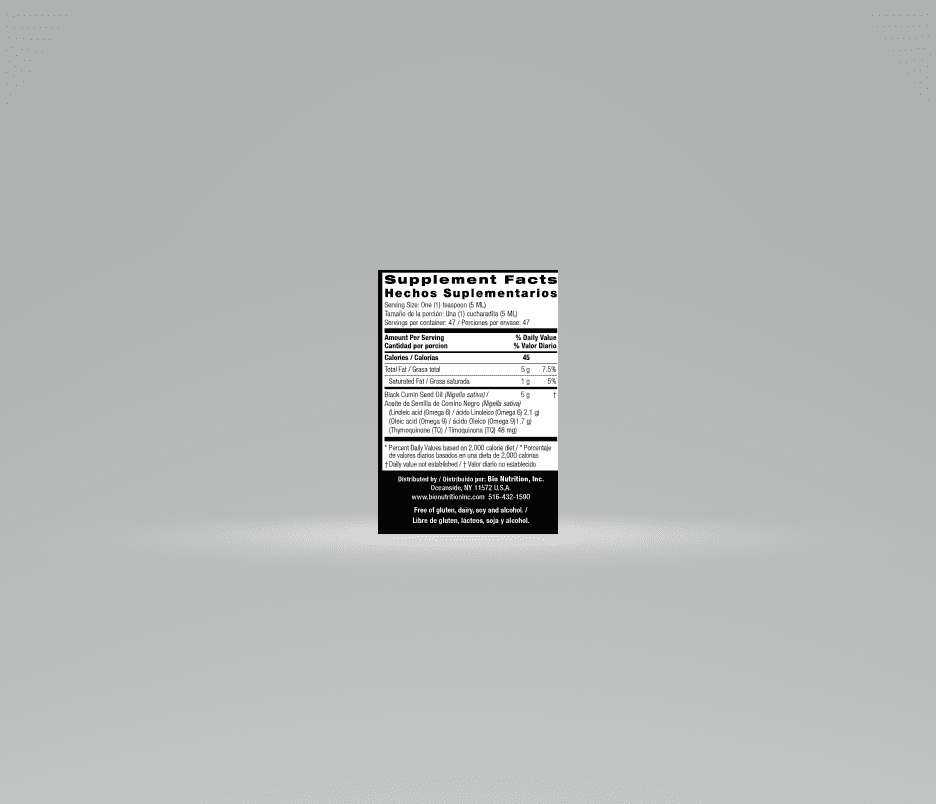 A Black Seed Oil 8oz label on a gray background.